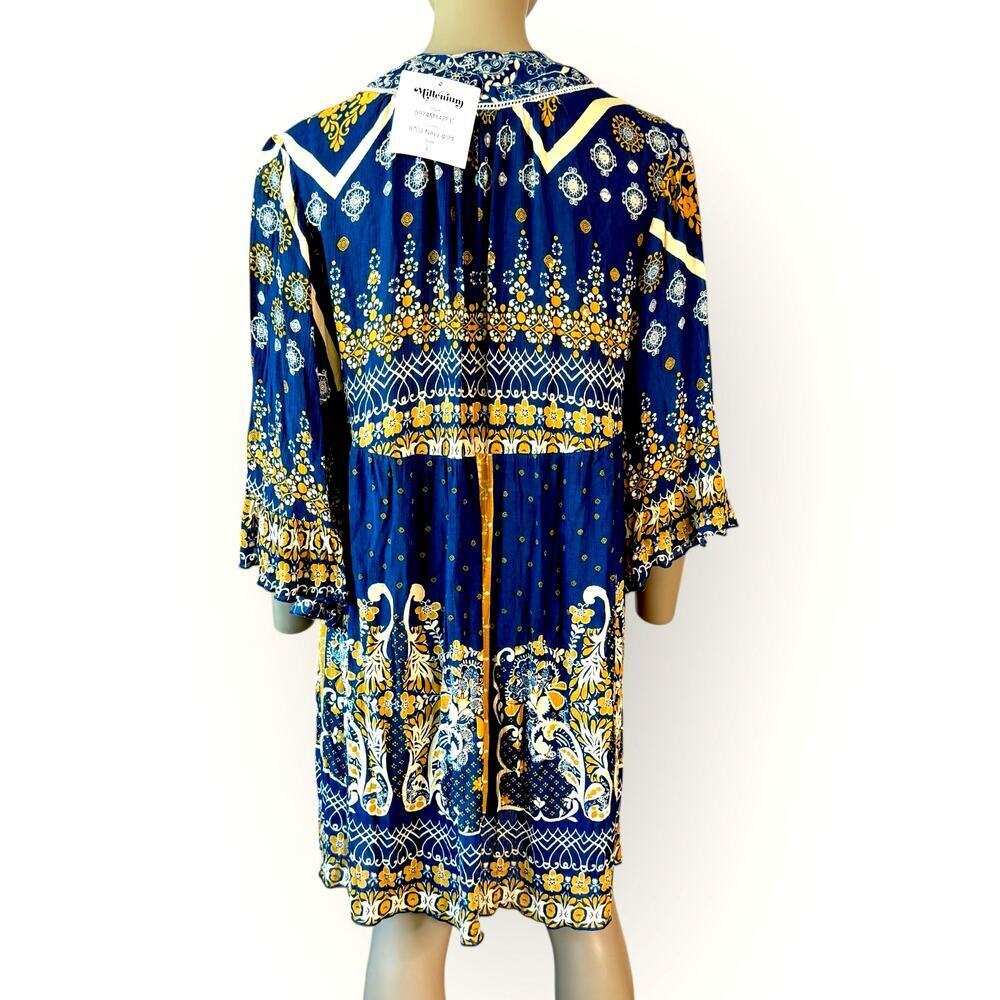 Millenium New Top Blouse Tunic Dress Womens L Bohemian Paisley Navy Gold Peasant - Picture 3 of 12
